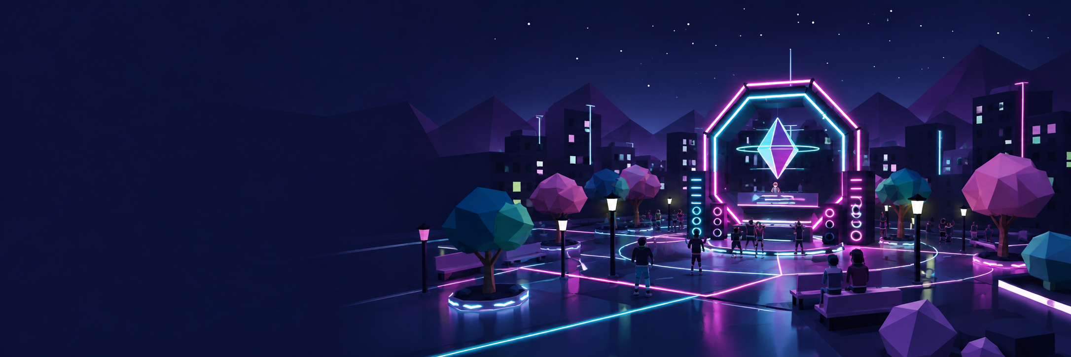Low-poly neon plaza campaign illustration