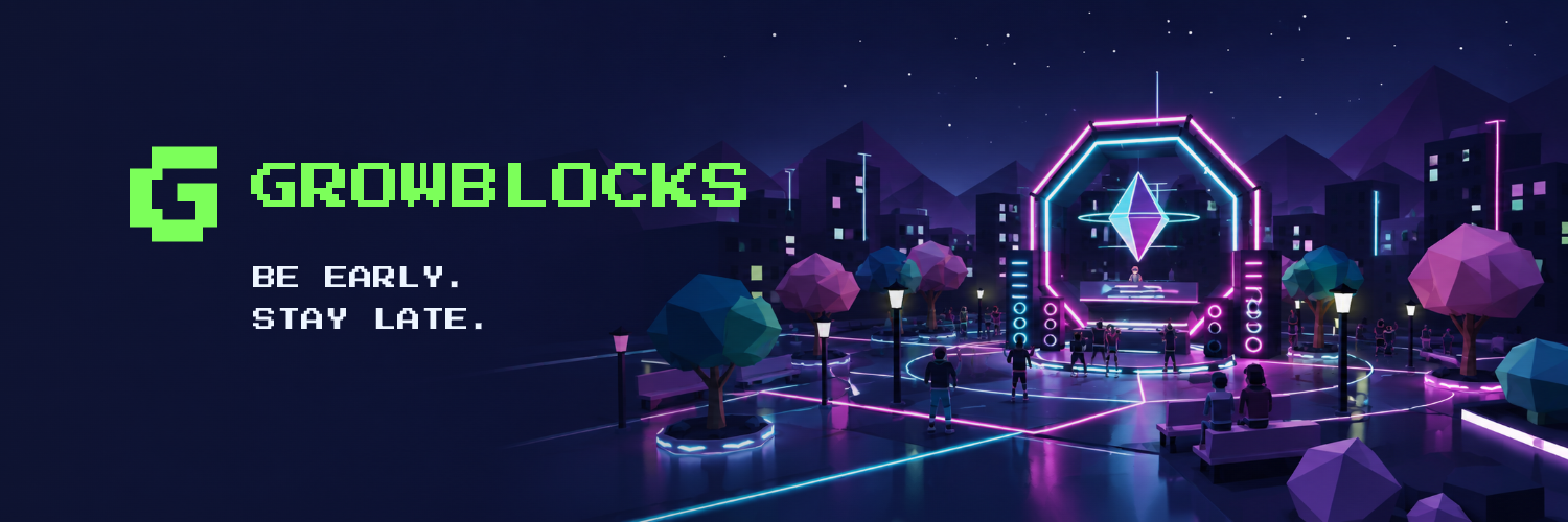 GrowBlocks X banner with the lime logo and neon plaza