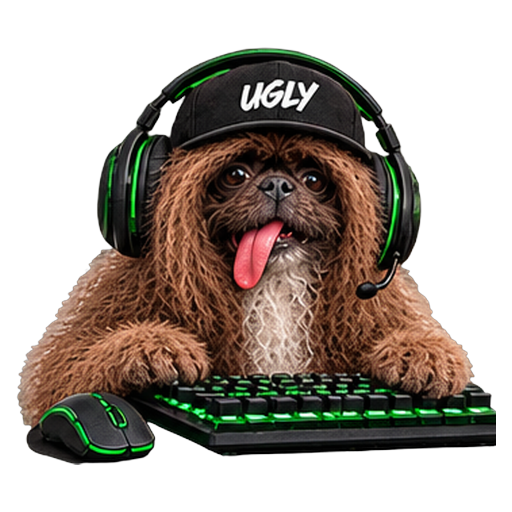 UGLY, the shaggy dog mascot, dressed for gaming